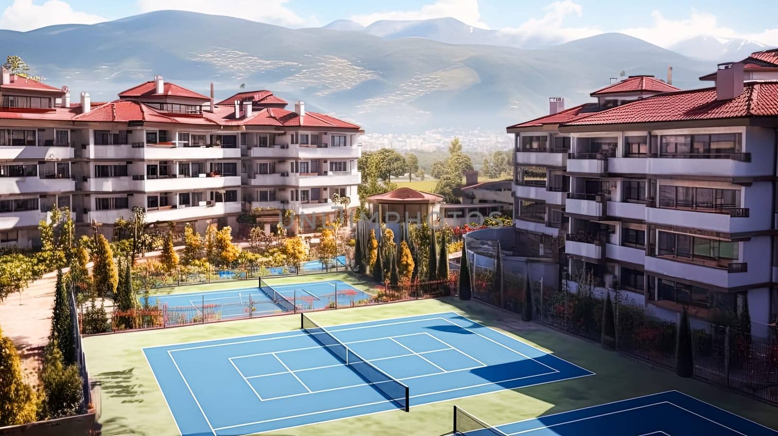A tennis court is nestled amidst lush greenery, bordered by a verdant field and overlooked by a grand building, creating a picturesque sports setting.