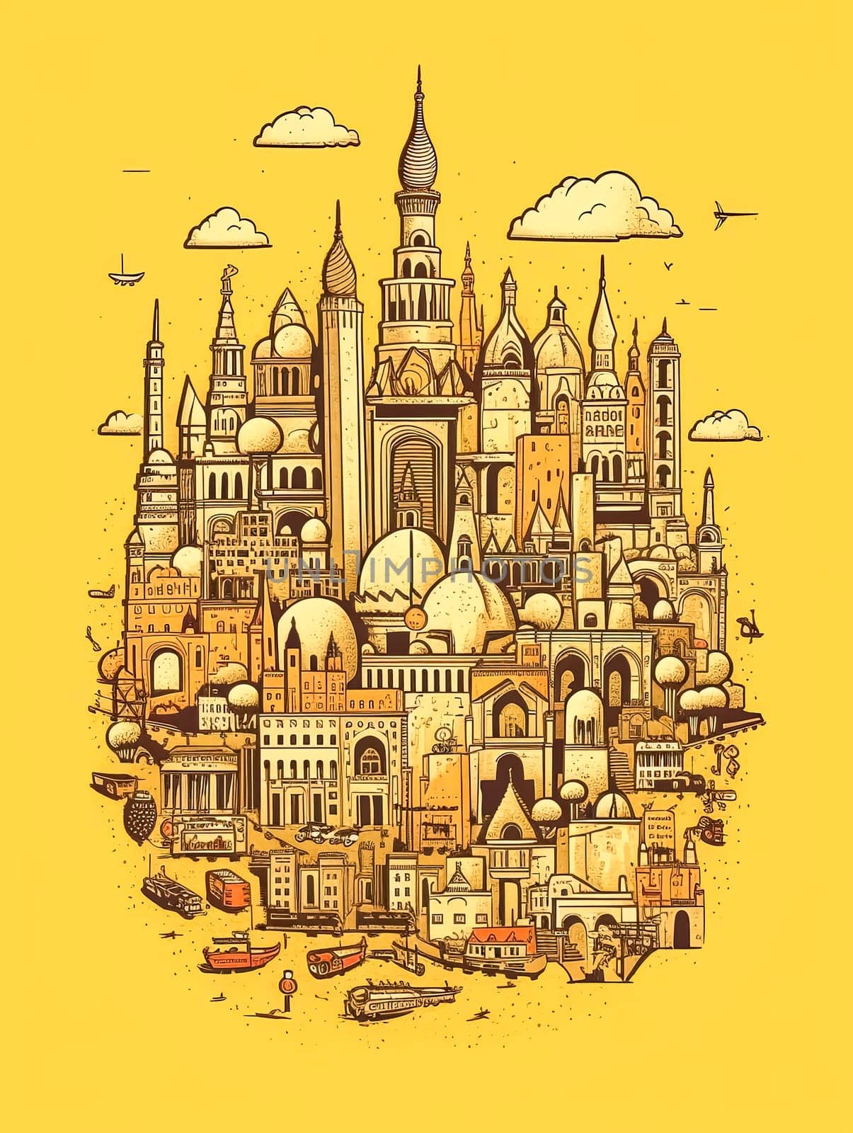 A yellow poster with many buildings and a boat. The poster is titled "Cityscape". The poster is meant to showcase the diversity of architecture