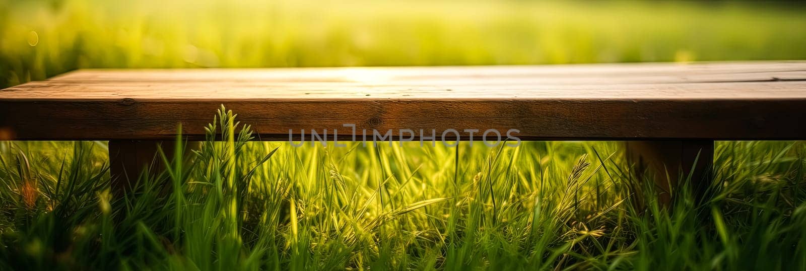 A wooden bench is sitting in a grassy field. The bench is empty and the grass is lush and green