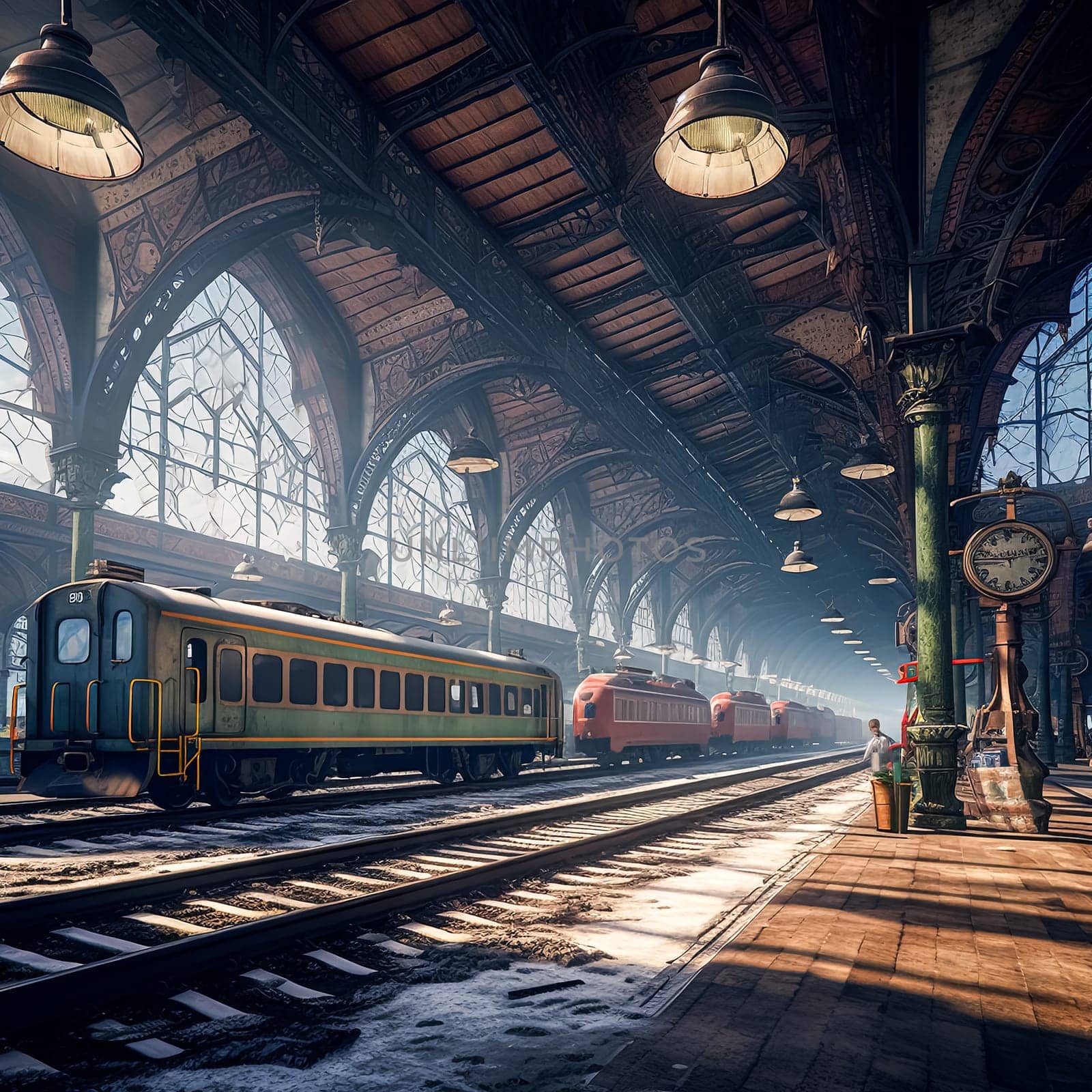 A train station with a green train and a red train. A clock is on the wall