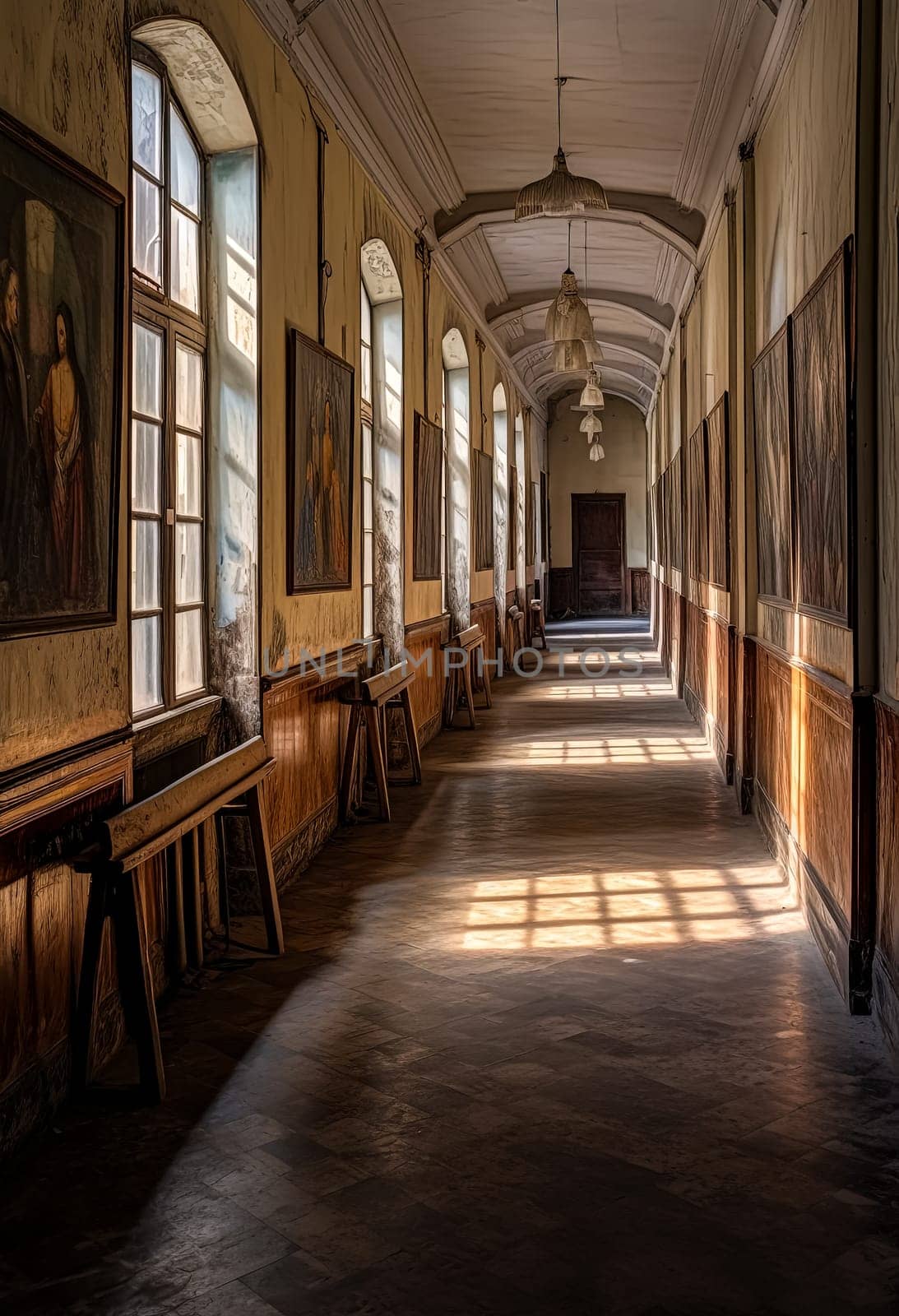 A long hallway with a few wooden benches and a few paintings on the wall. The hallway is very long and has a lot of sunlight coming in