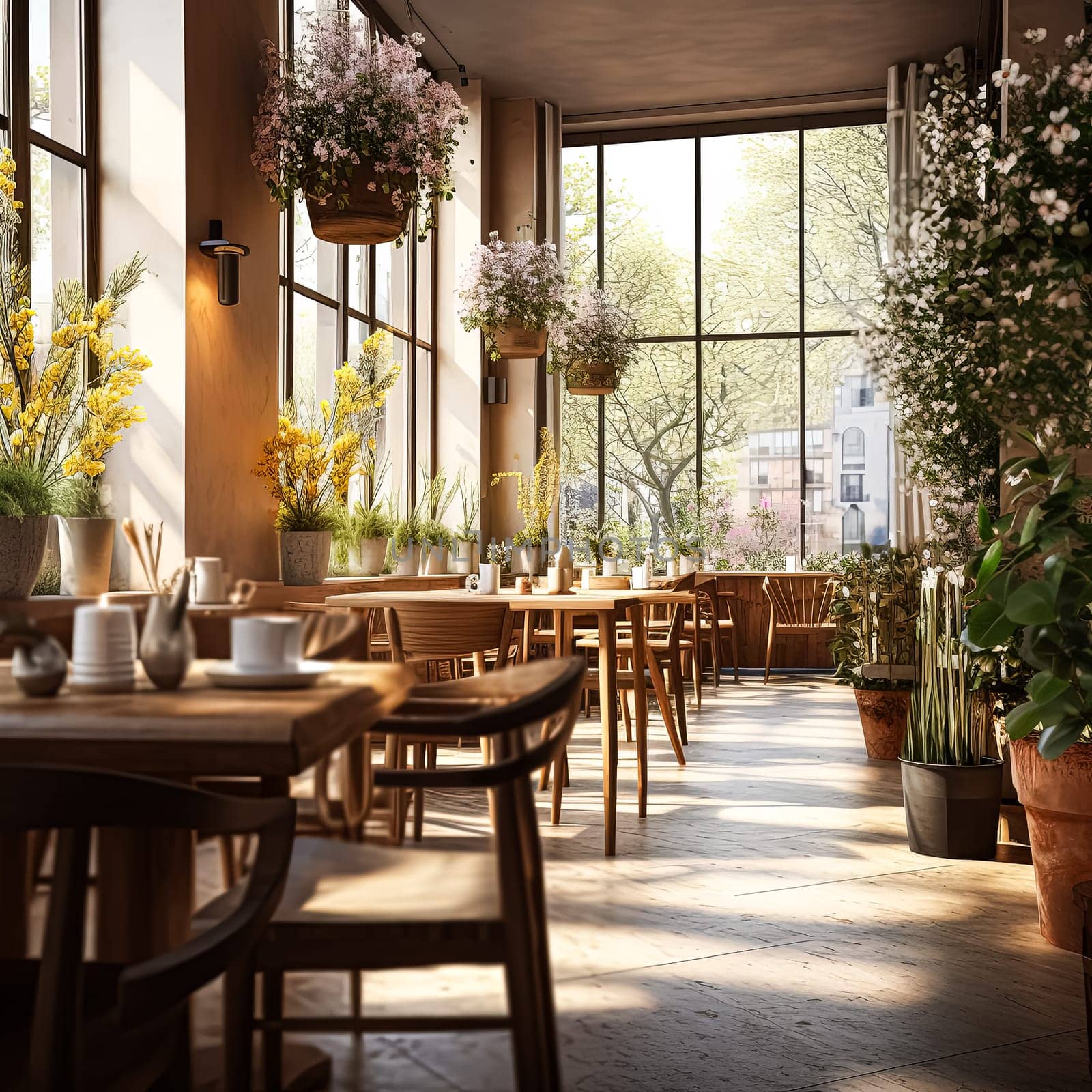 A restaurant with a lot of potted plants and a lot of sunlight. Scene is warm and inviting