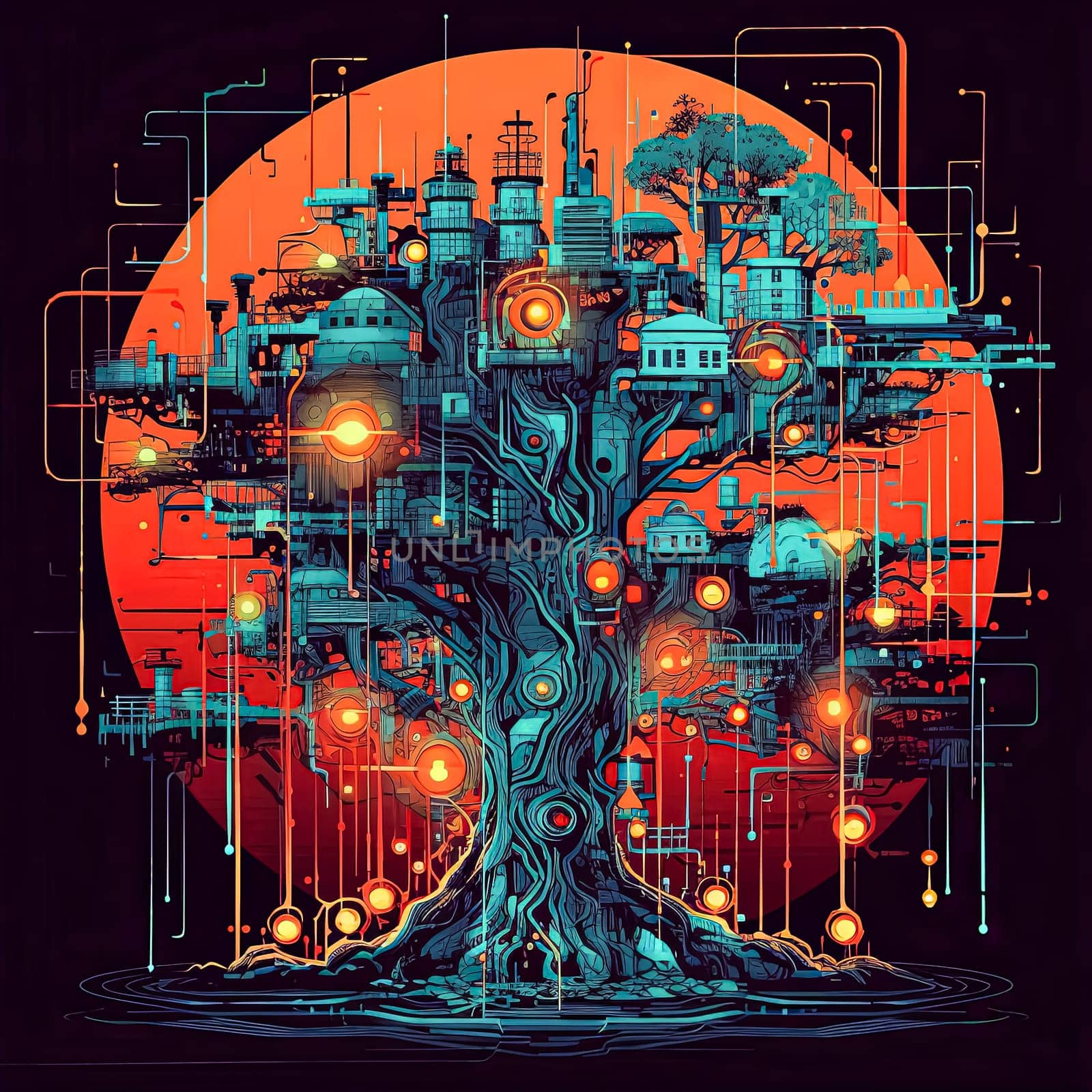 A tree with many buildings on it is surrounded by a red circle. The tree is lit up with lights, giving it a futuristic and technological feel