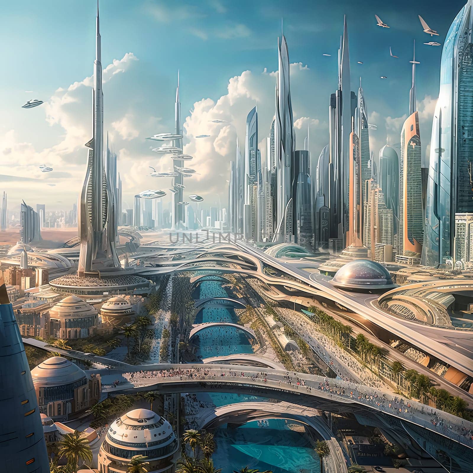 A futuristic cityscape with tall buildings and a river running through it. The sky is blue and there are many people walking around