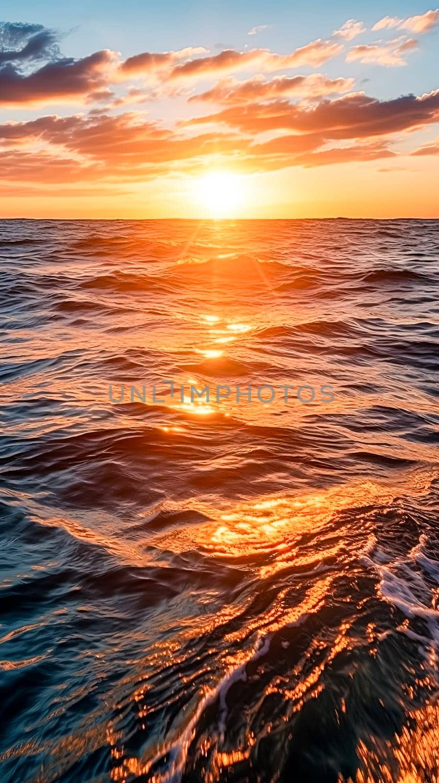 The sun is setting over the ocean, casting a warm glow on the water. The waves are small and gentle, creating a peaceful atmosphere