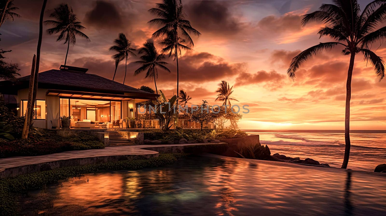 A beautiful beach scene with a house in the background. The house is surrounded by palm trees and the water is calm. The sky is orange and pink, creating a warm and inviting atmosphere