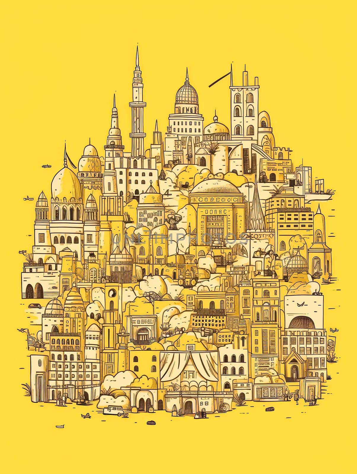 A yellow poster with many buildings and a boat. by Alla_Morozova93