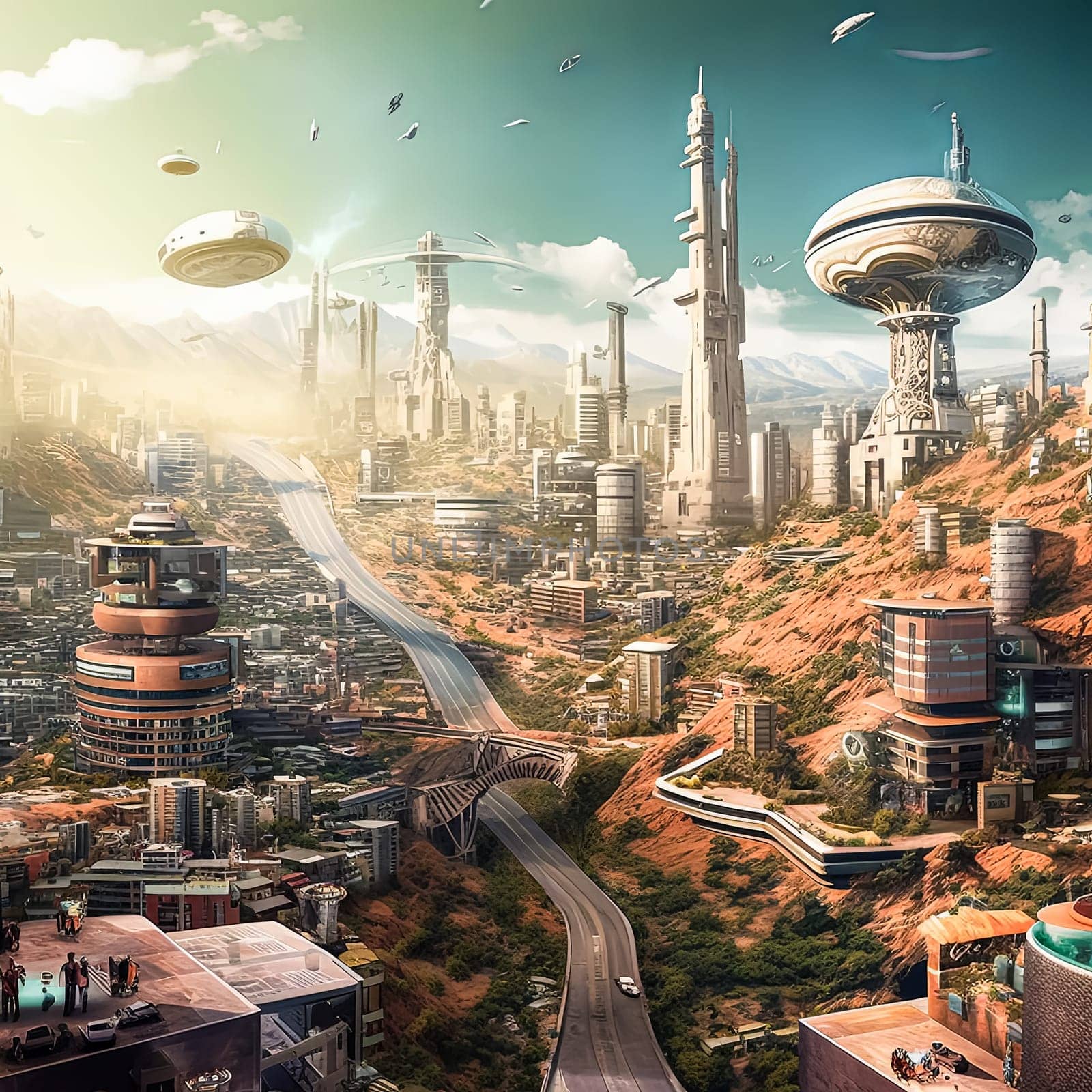 A futuristic cityscape with tall buildings and a road in the middle. The sky is blue and the sun is shining