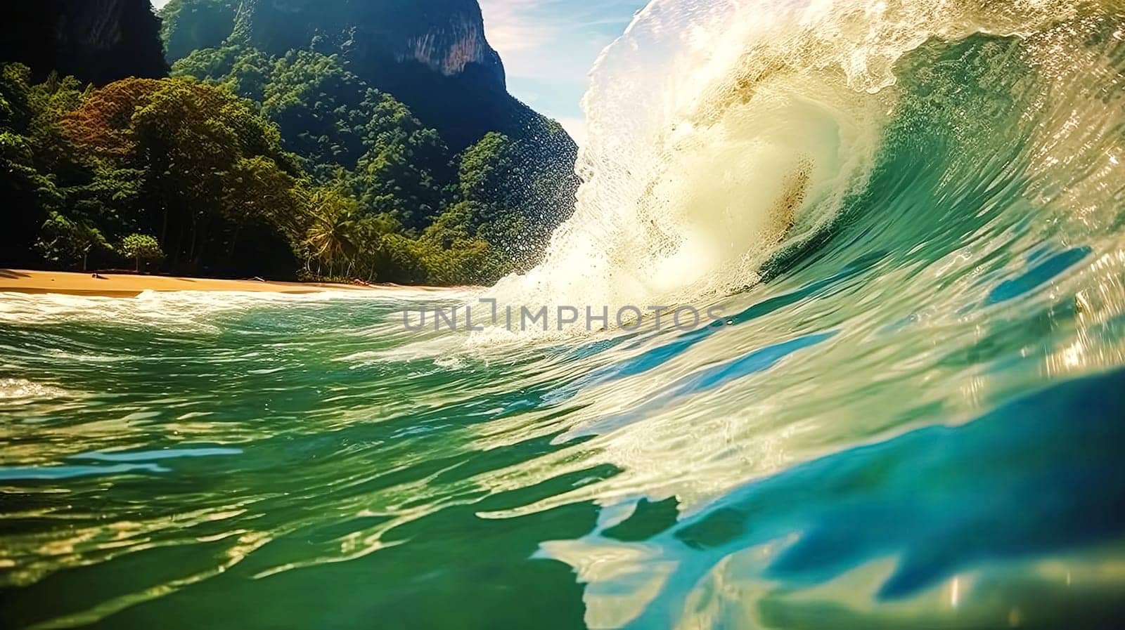 A wave is crashing on a beach with trees in the background. The water is a beautiful shade of blue