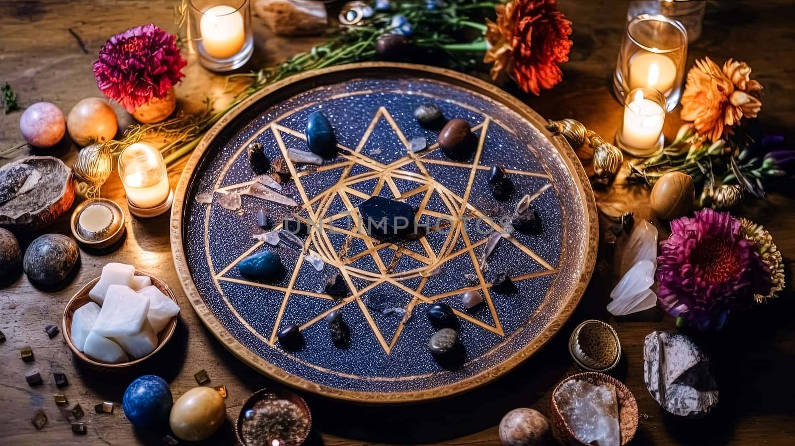 A table with a large round plate of stones and crystals, candles, and flowers. The plate is surrounded by bowls and other items