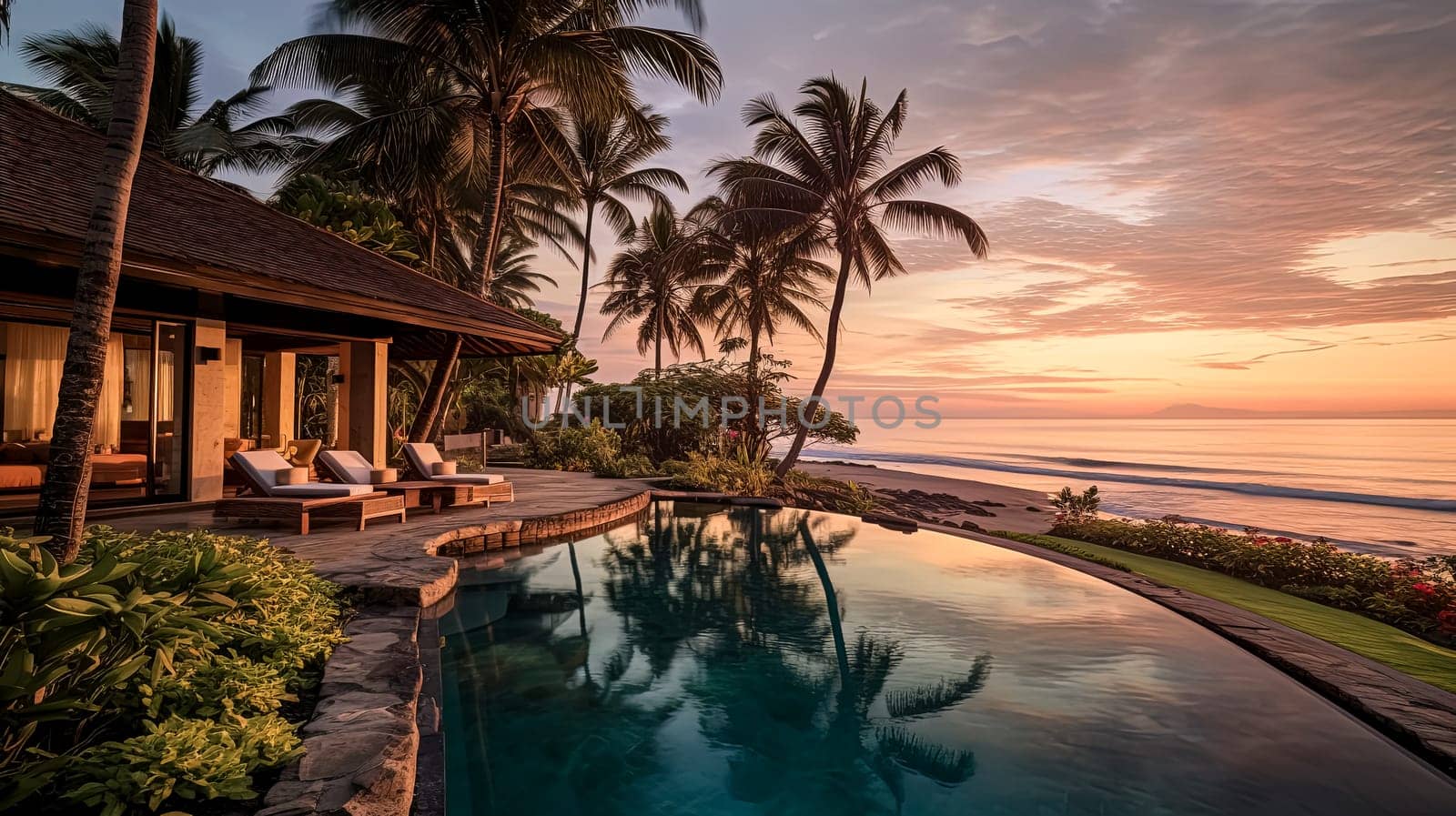 A beautiful beach scene with a house in the background. The house is surrounded by palm trees and the water is calm. The sky is orange and pink, creating a warm and inviting atmosphere