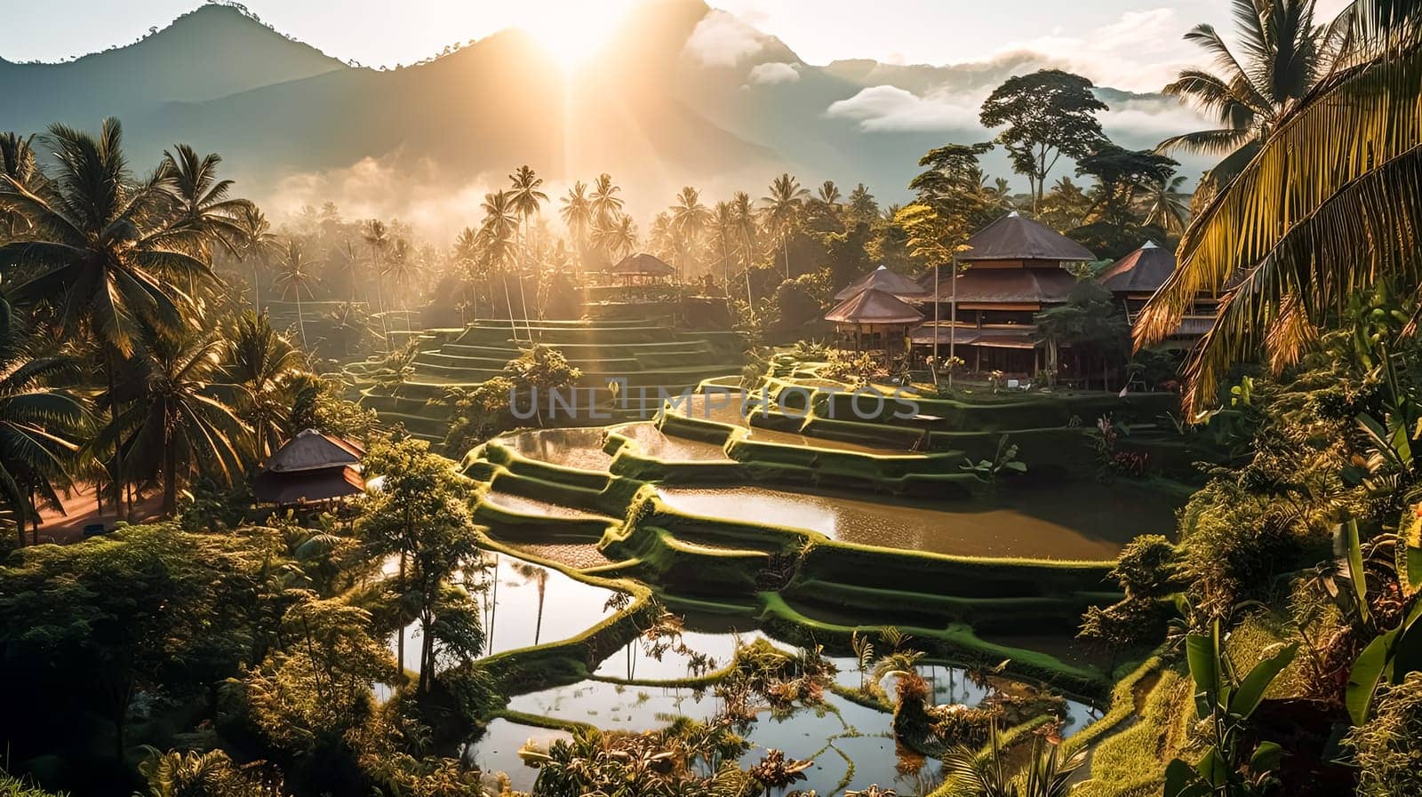 A lush green valley with a river running through it. The river is surrounded by trees and houses