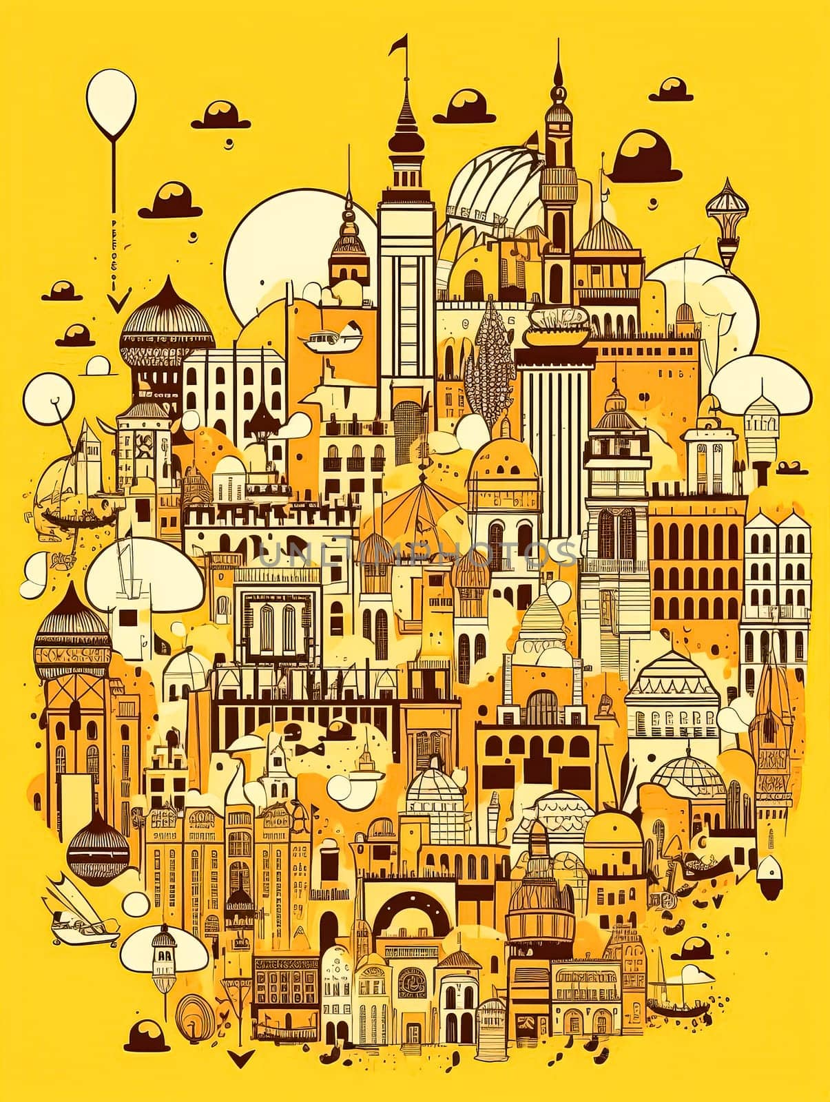 A yellow poster with many buildings and a boat. The poster is titled "Cityscape". The poster is meant to showcase the diversity of architecture