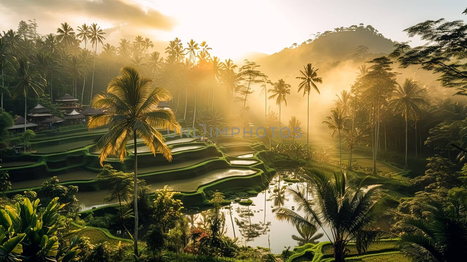 A lush green valley with a river running through it. The river is surrounded by trees and houses