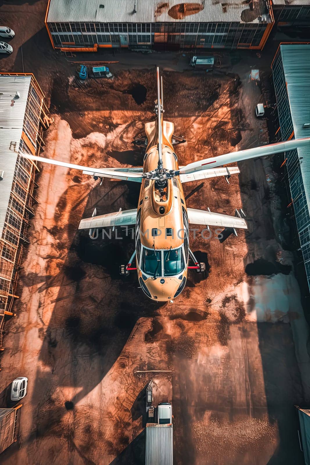 A yellow helicopter is flying over a dirt field. The helicopter is in the air and is surrounded by a lot of dirt