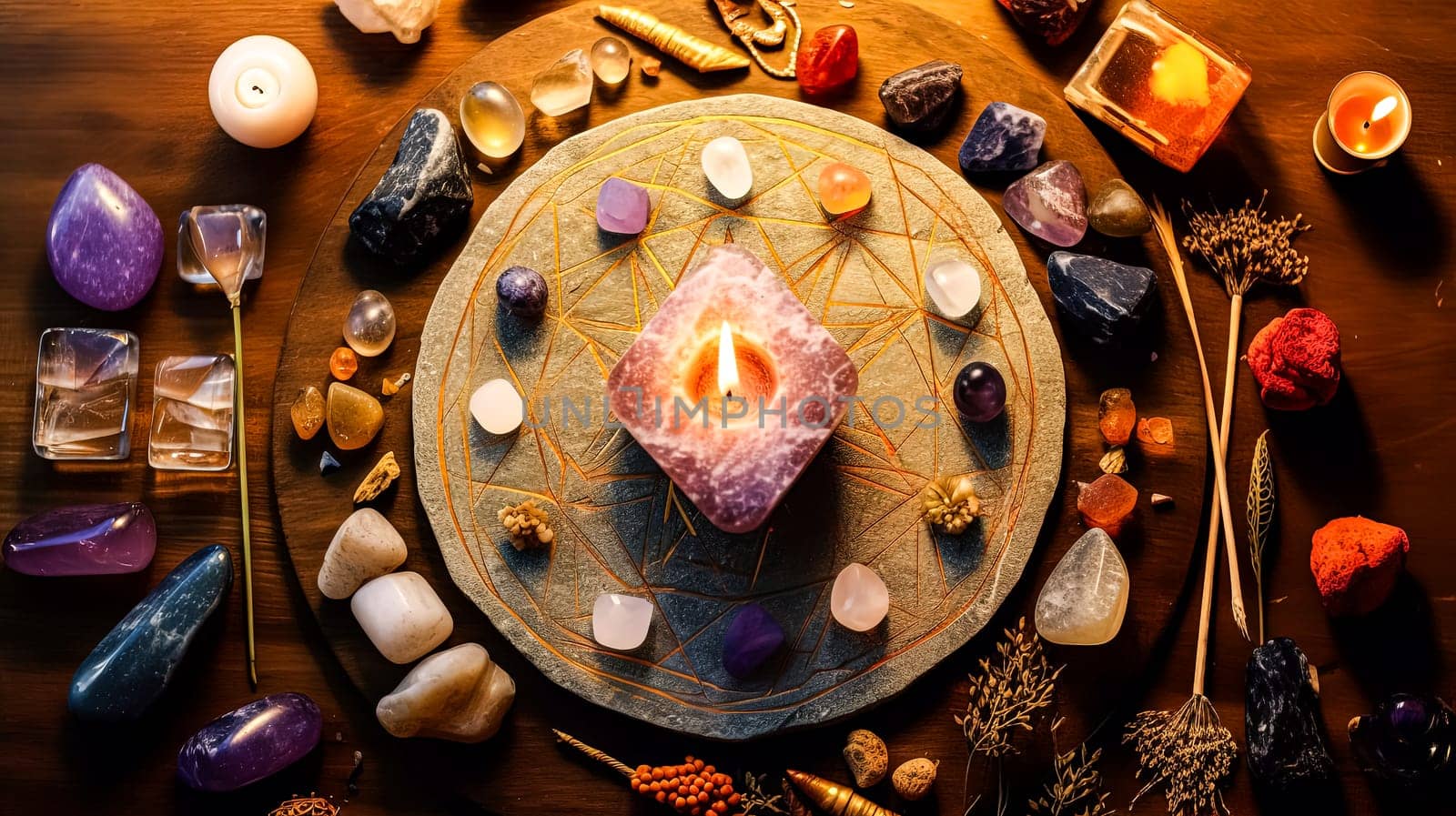 A table with a large round plate of stones and crystals, candles, and flowers. The plate is surrounded by bowls and other items