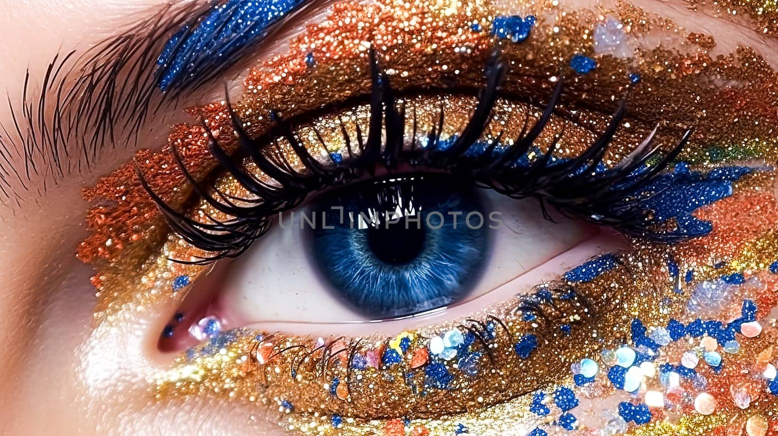 A woman's eye is covered in glitter and colored with gold, blue, and red. The eye is surrounded by a colorful design, and the woman's lashes are long and curled. Scene is playful and fun