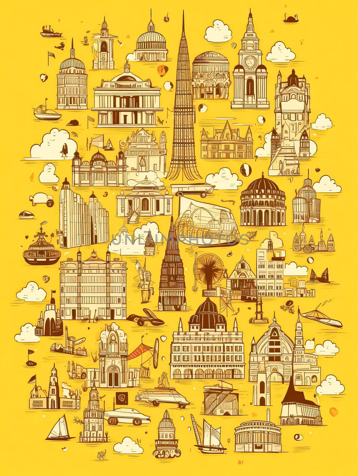 A yellow poster with many buildings and a boat by Alla_Morozova93