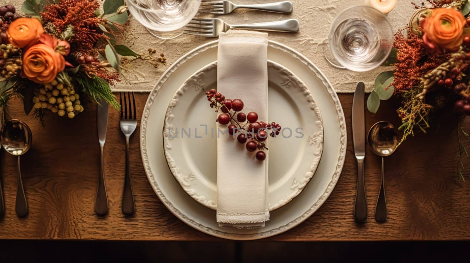 Autumn holiday tablescape, formal dinner table setting, table scape with elegant autumnal floral decor for wedding party and event decoration idea