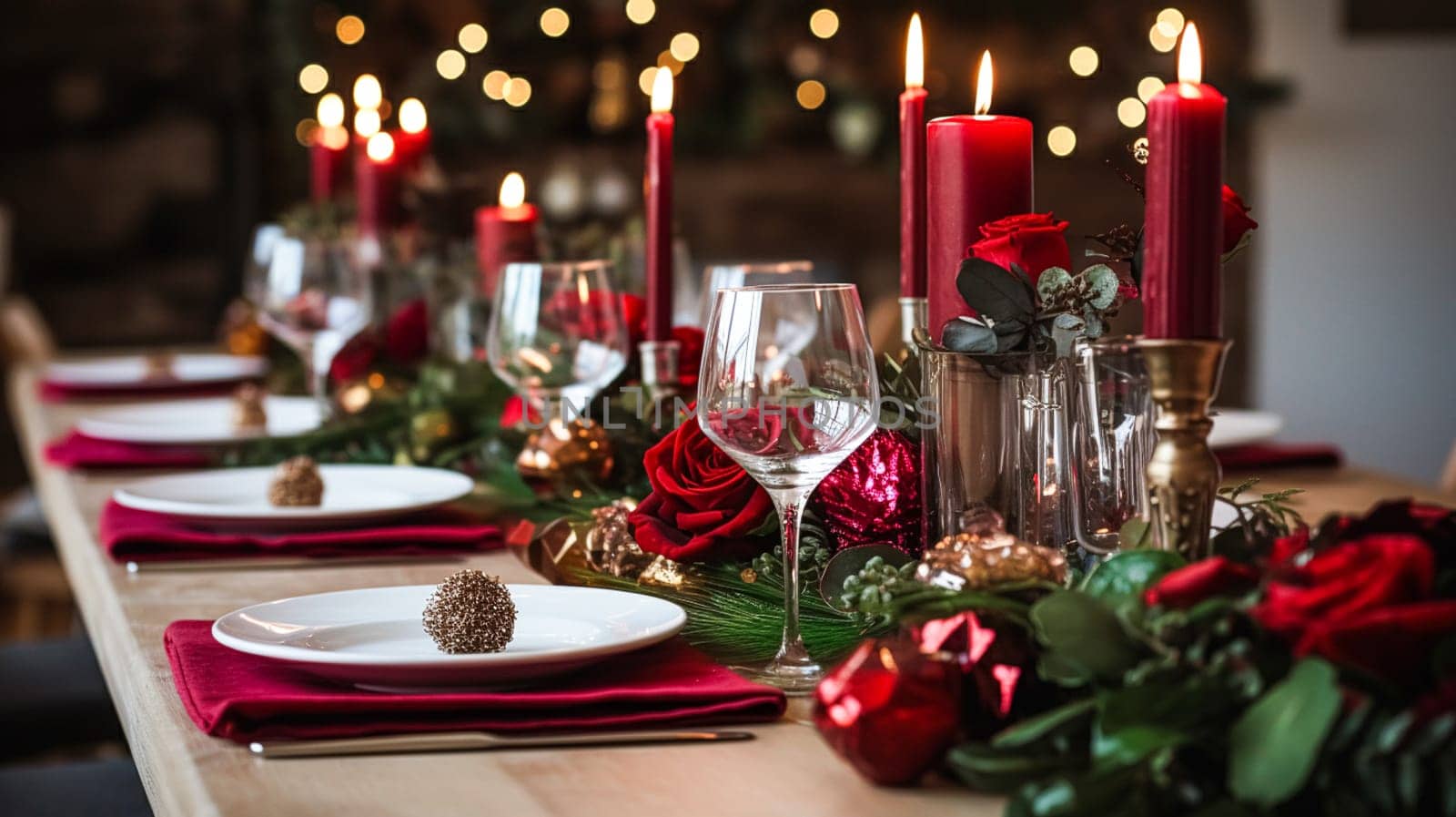 Christmas table decor, holiday tablescape and dinner table setting, formal event decoration for New Year, family celebration, English country and home styling inspiration