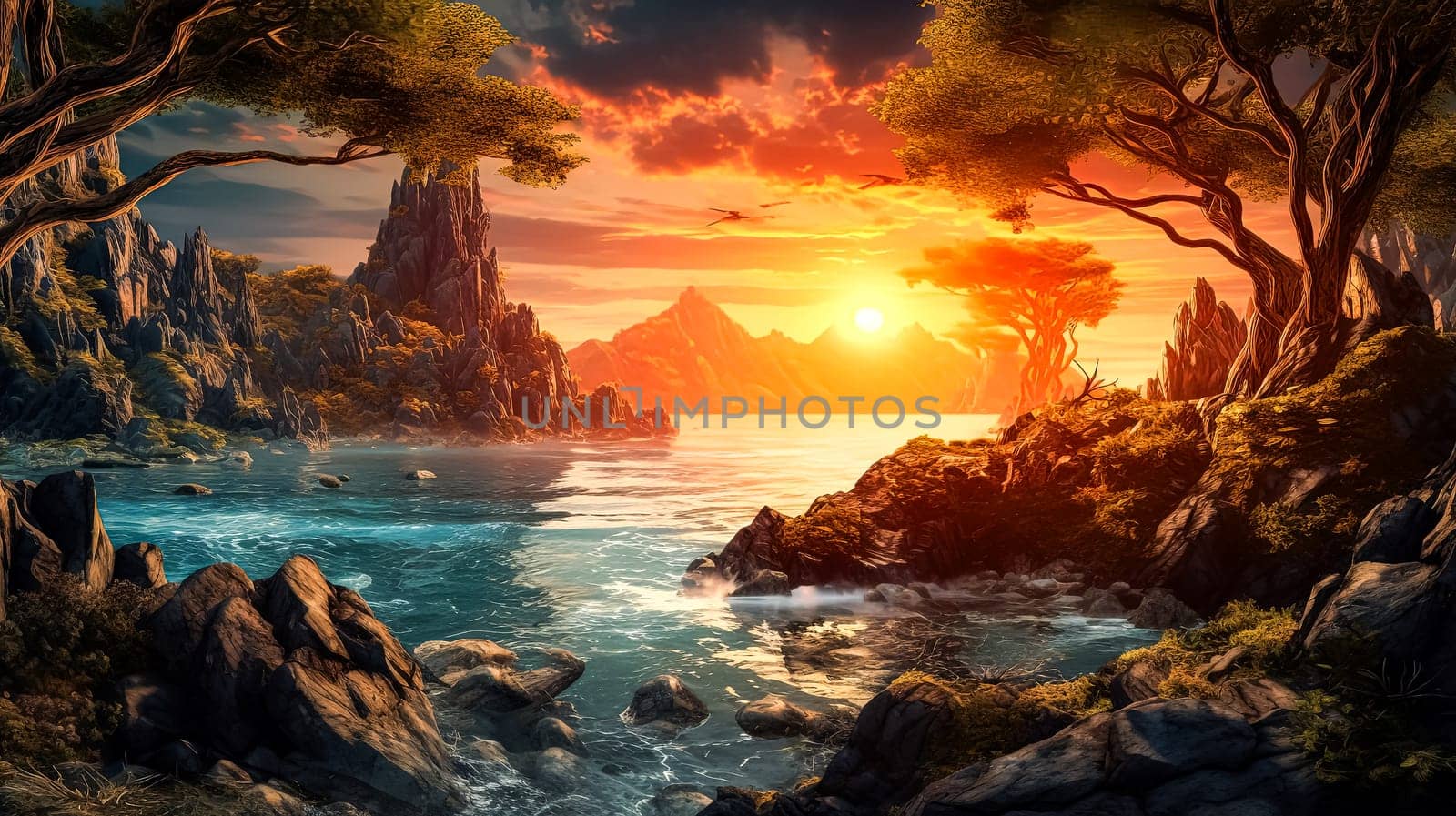 A beautiful landscape with a river and mountains in the background. The sun is shining brightly, creating a warm and inviting atmosphere. The scene is peaceful and serene, with the trees