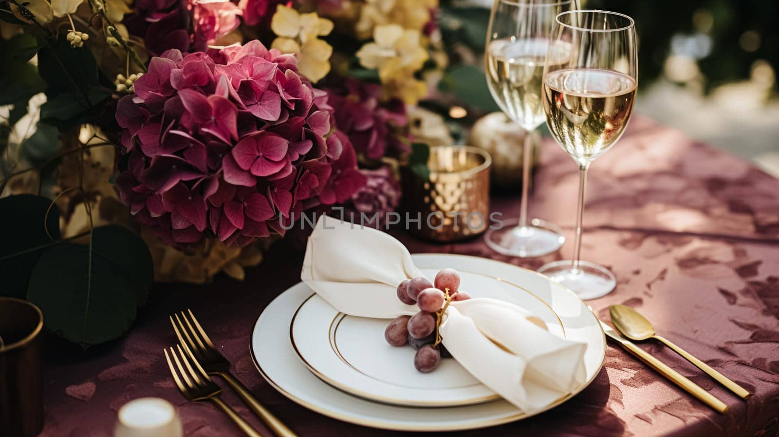 Wedding or formal dinner holiday celebration tablescape with hydrangea flowers in the English countryside garden, table setting and wine, floral table decor for family dinner party, home styling inspiration