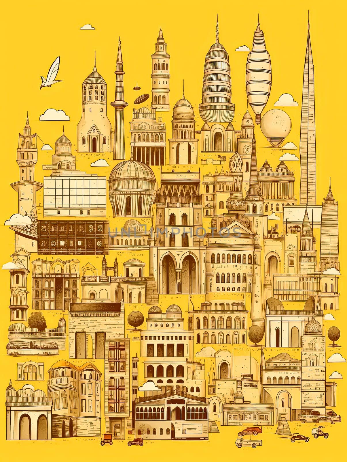 A yellow poster with many buildings and a boat. The poster is titled "Cityscape". The poster is meant to showcase the diversity of architecture