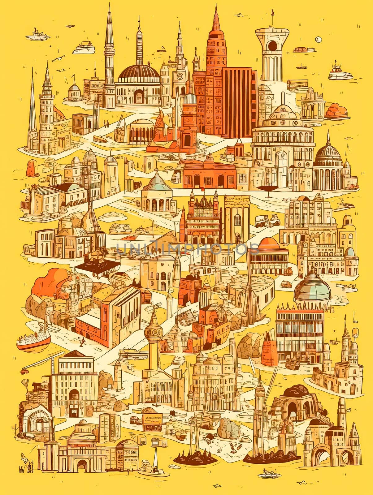 A yellow poster with many buildings and a boat. The poster is titled "Cityscape". The poster is meant to showcase the diversity of architecture