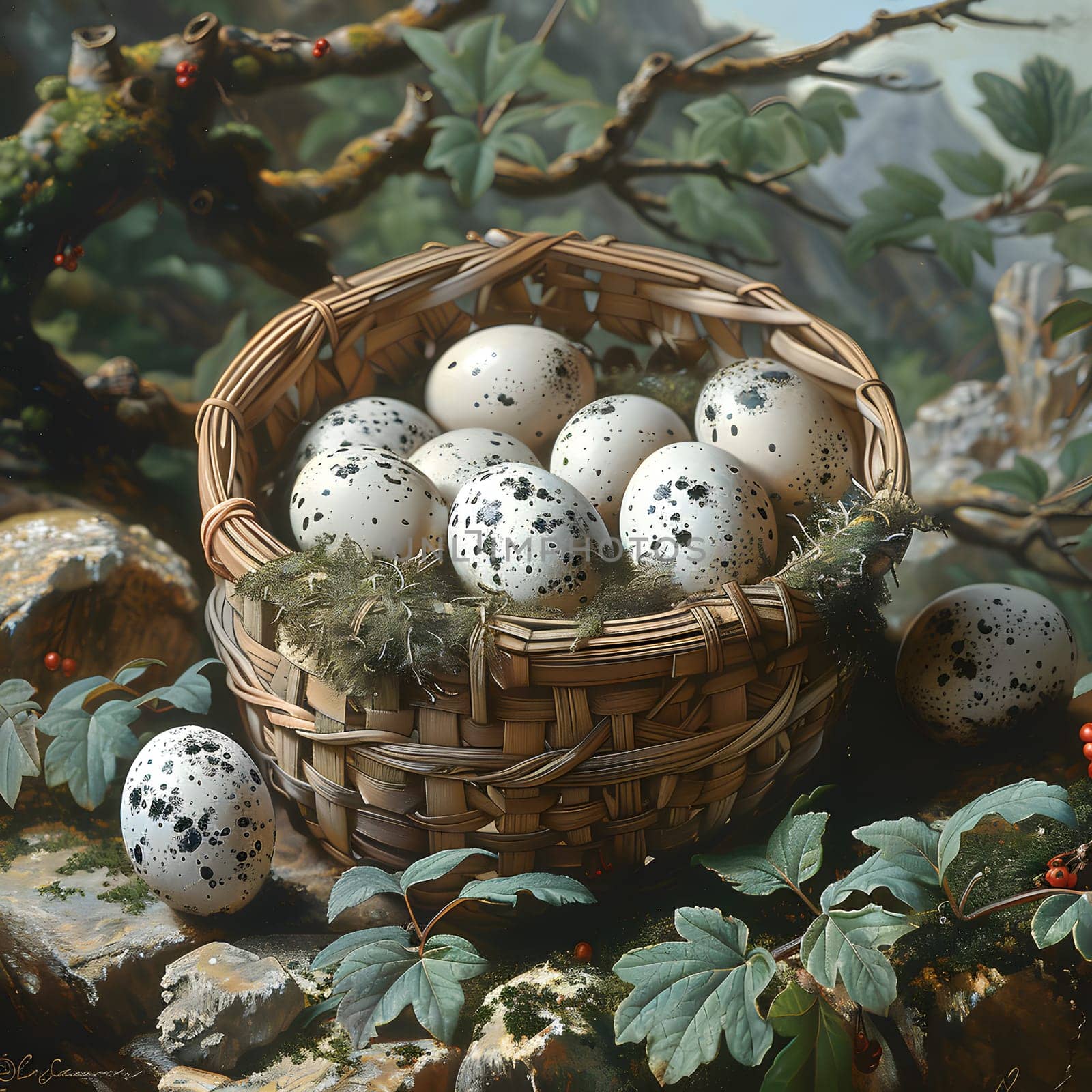 A nest made of twigs and plant fibers holds a beautiful arrangement of white eggs with black spots, resembling a piece of art in natures painting