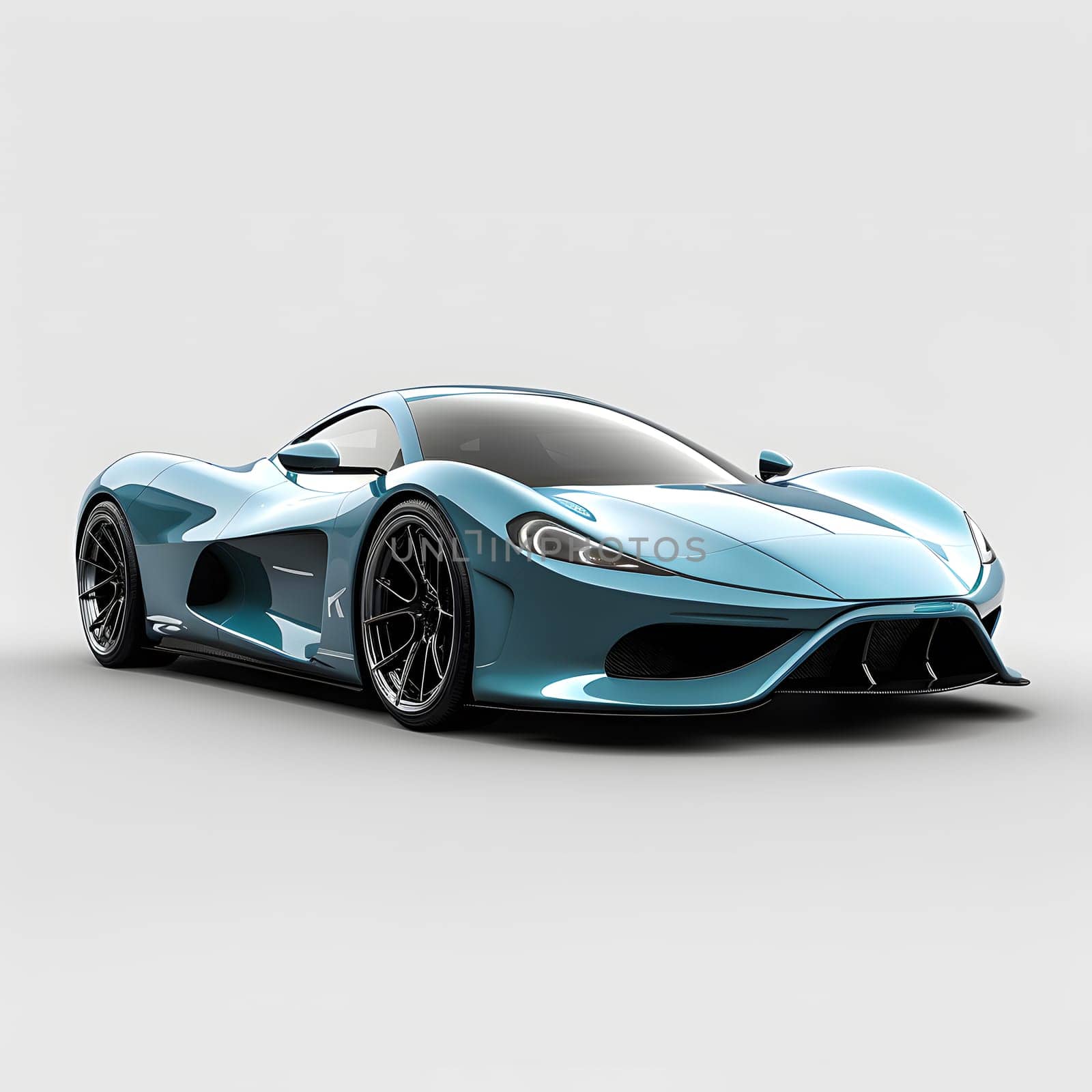 A sleek blue sports car with shiny wheels and tires parked on a clean white background, showcasing its striking automotive design and exterior features like the hood and bumper