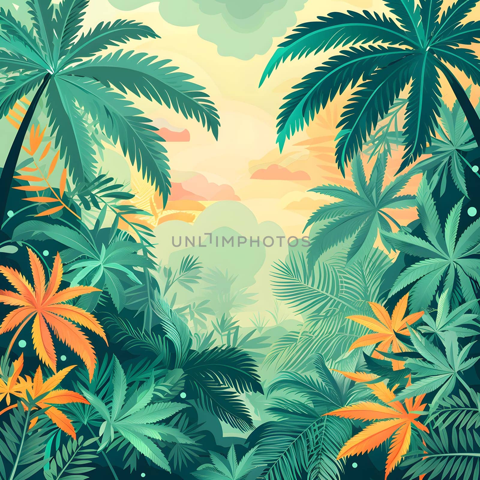 a tropical jungle with palm trees and flowers at sunset by Nadtochiy