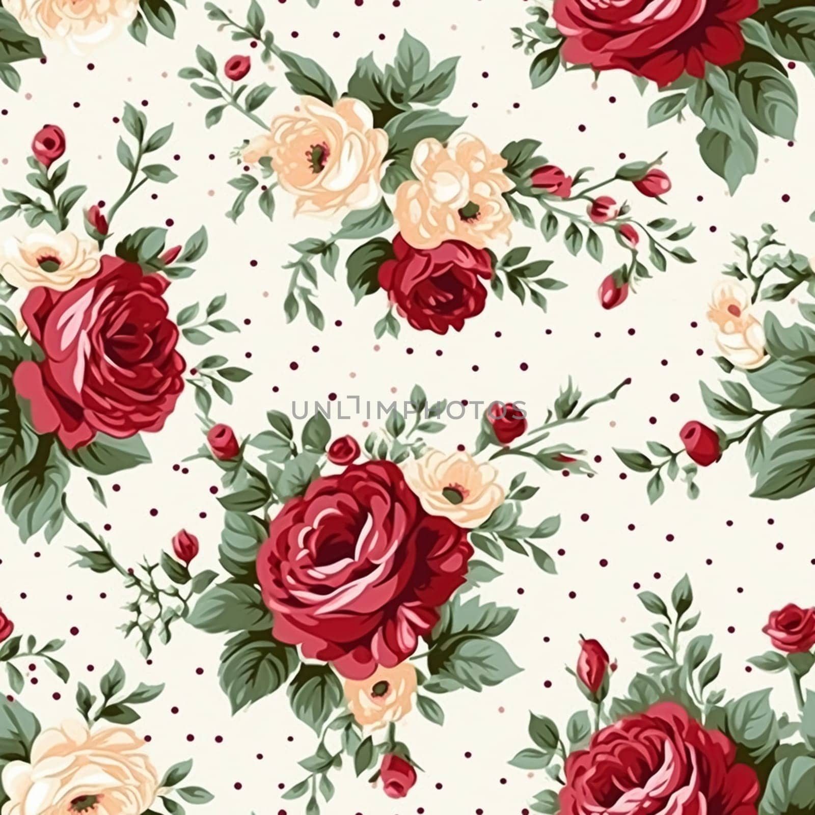 Seamless pattern, tileable floral country holiday print with roses, dots and flowers for wallpaper, wrapping paper, scrapbook, fabric and polka dot roses product design idea