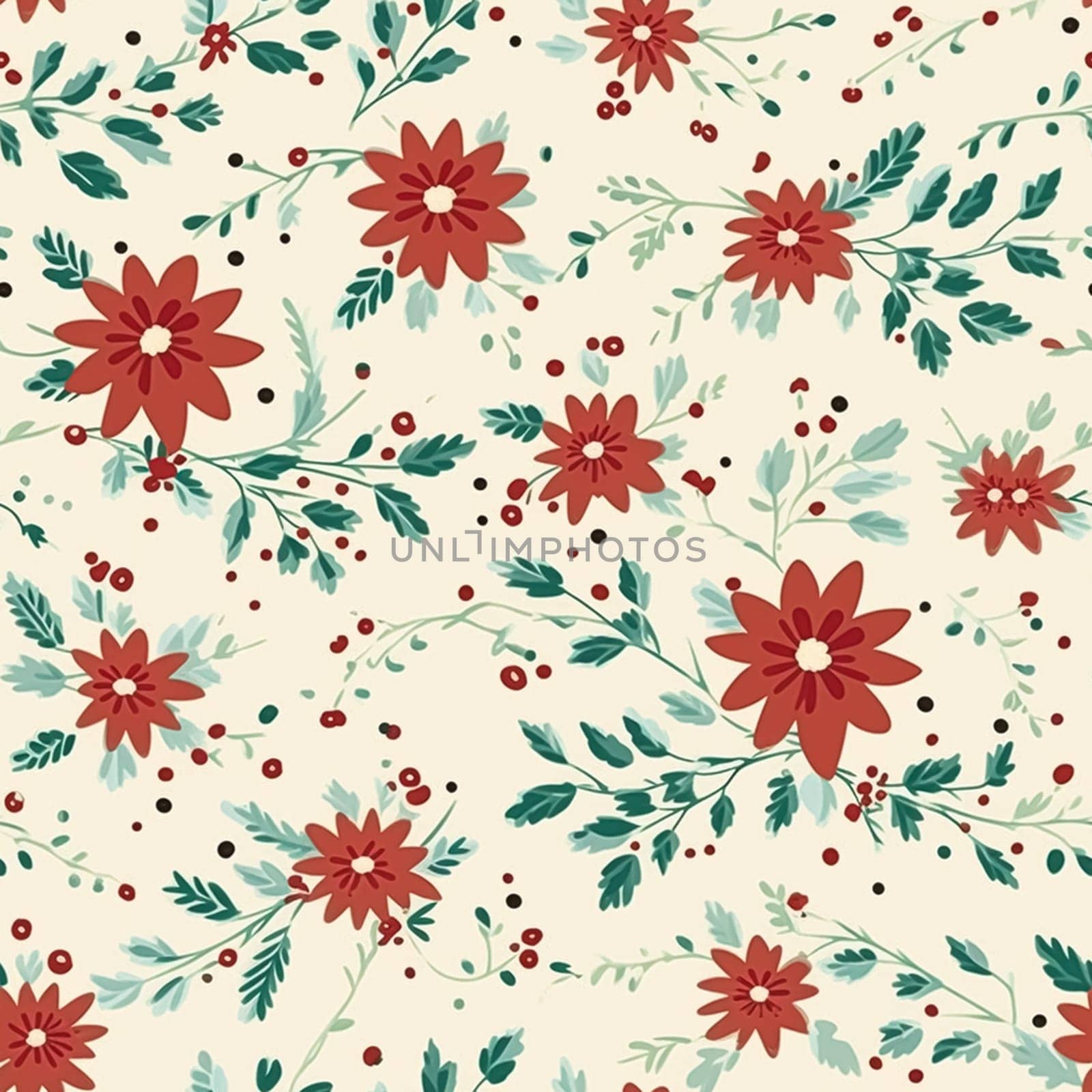 Seamless pattern, tileable vintage holiday botanical poinsettia Christmas country print for wallpaper, wrapping paper, scrapbook, fabric and product design by Anneleven