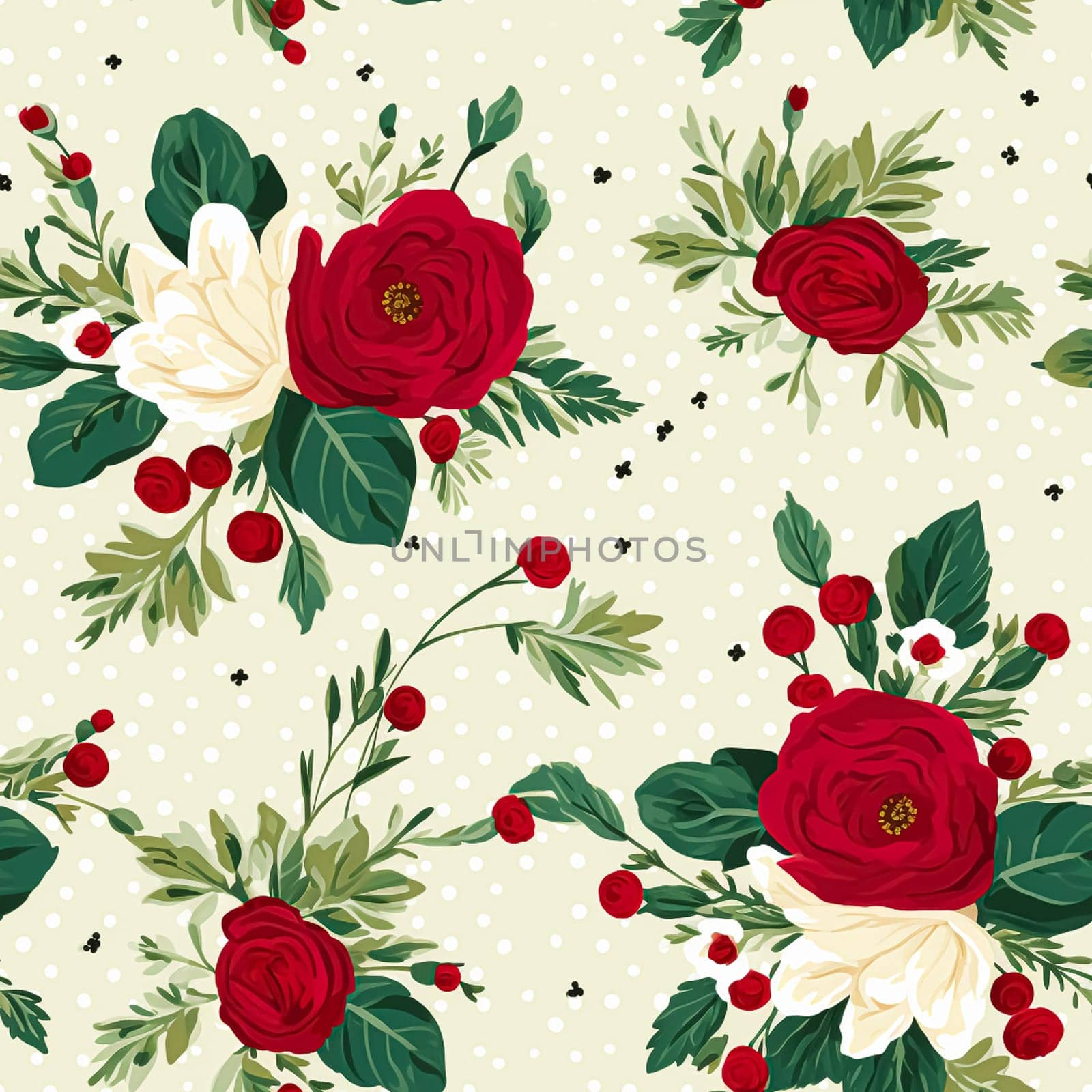 Seamless pattern, tileable Christmas holiday floral, country flowers dots print, English countryside roses for wallpaper, wrapping paper, scrapbook, fabric and product design motif