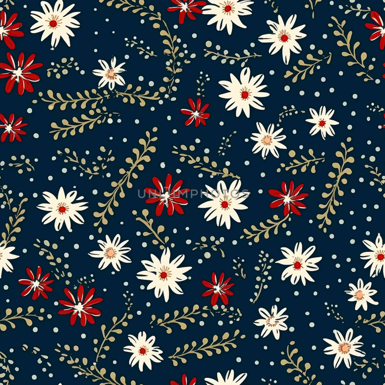 Seamless pattern, tileable Christmas holiday floral country dots print on dark background, English countryside flowers for wallpaper, wrapping paper, scrapbook, fabric and product design by Anneleven