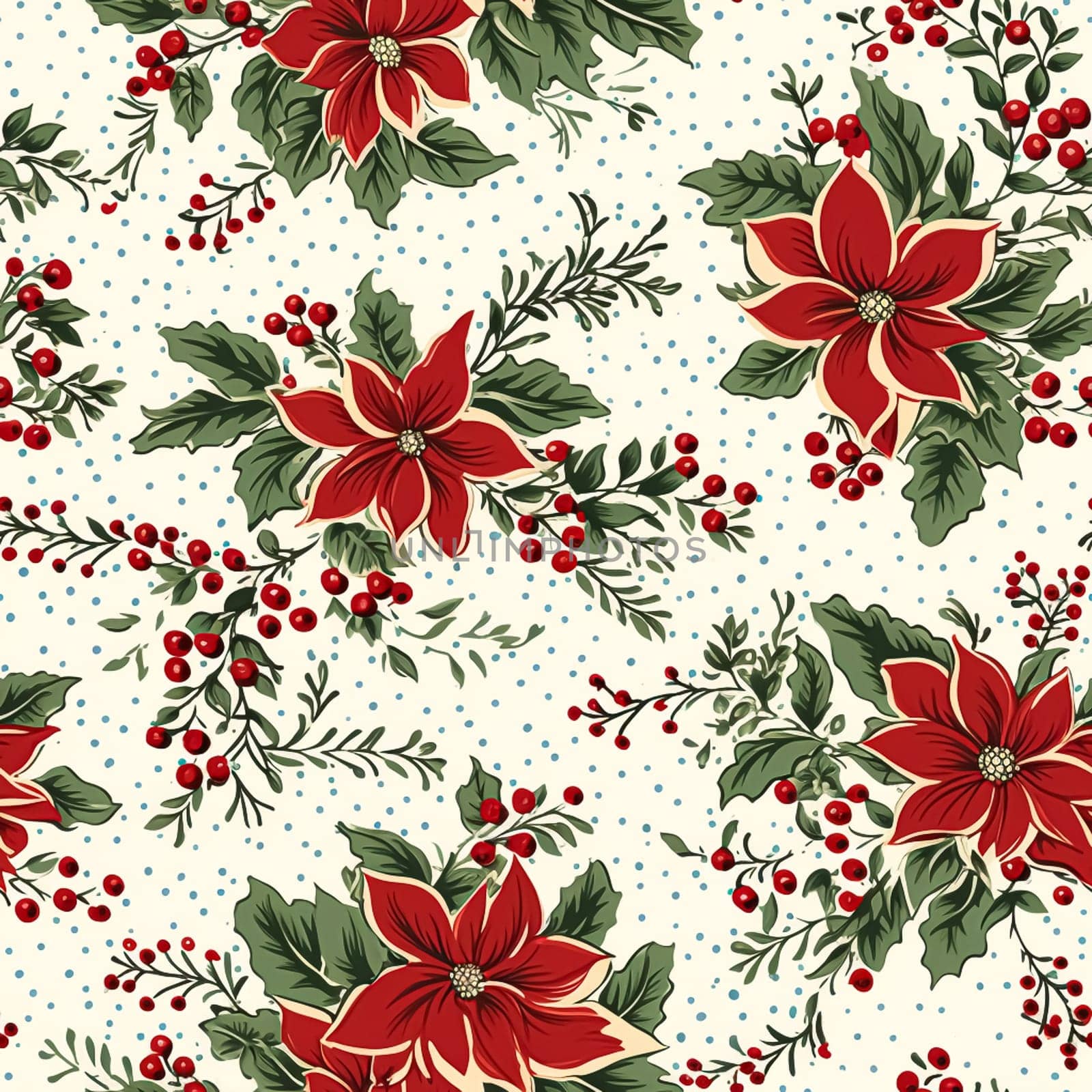Seamless pattern, tileable Christmas holiday floral country dots print, English countryside flowers for wallpaper, wrapping paper, scrapbook, fabric and product design by Anneleven