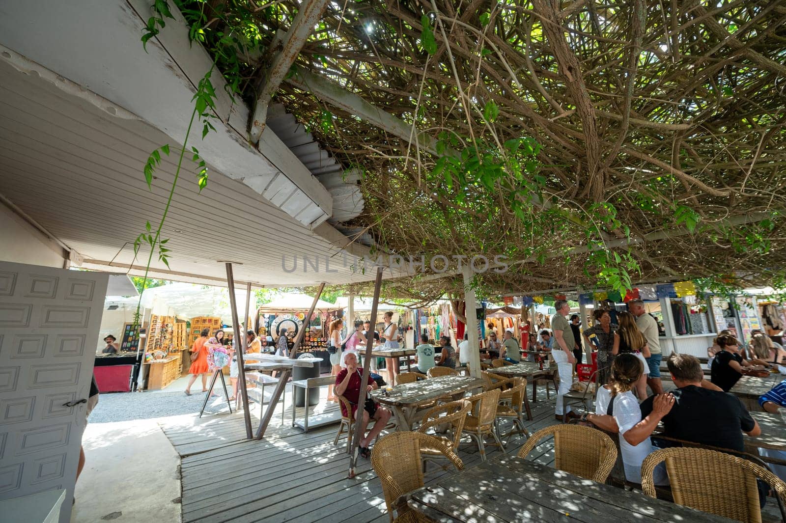 Las Dalias, Ibiza, Spain : 2024 May 14 : People at the Las Dalias Hippy Market in San Carlos in Ibiza in 2024.