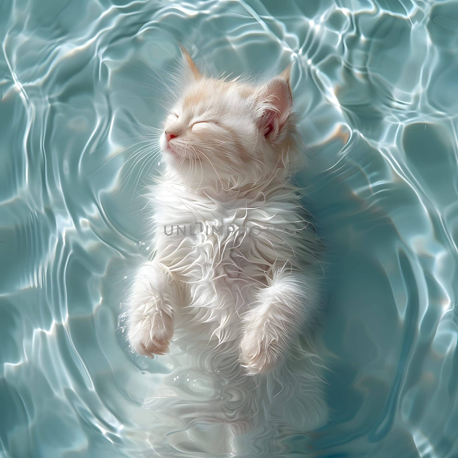A small Felidae organism, a carnivore known as a kitten, floating in the fluid with its eyes closed, whiskers and fawn fur visible