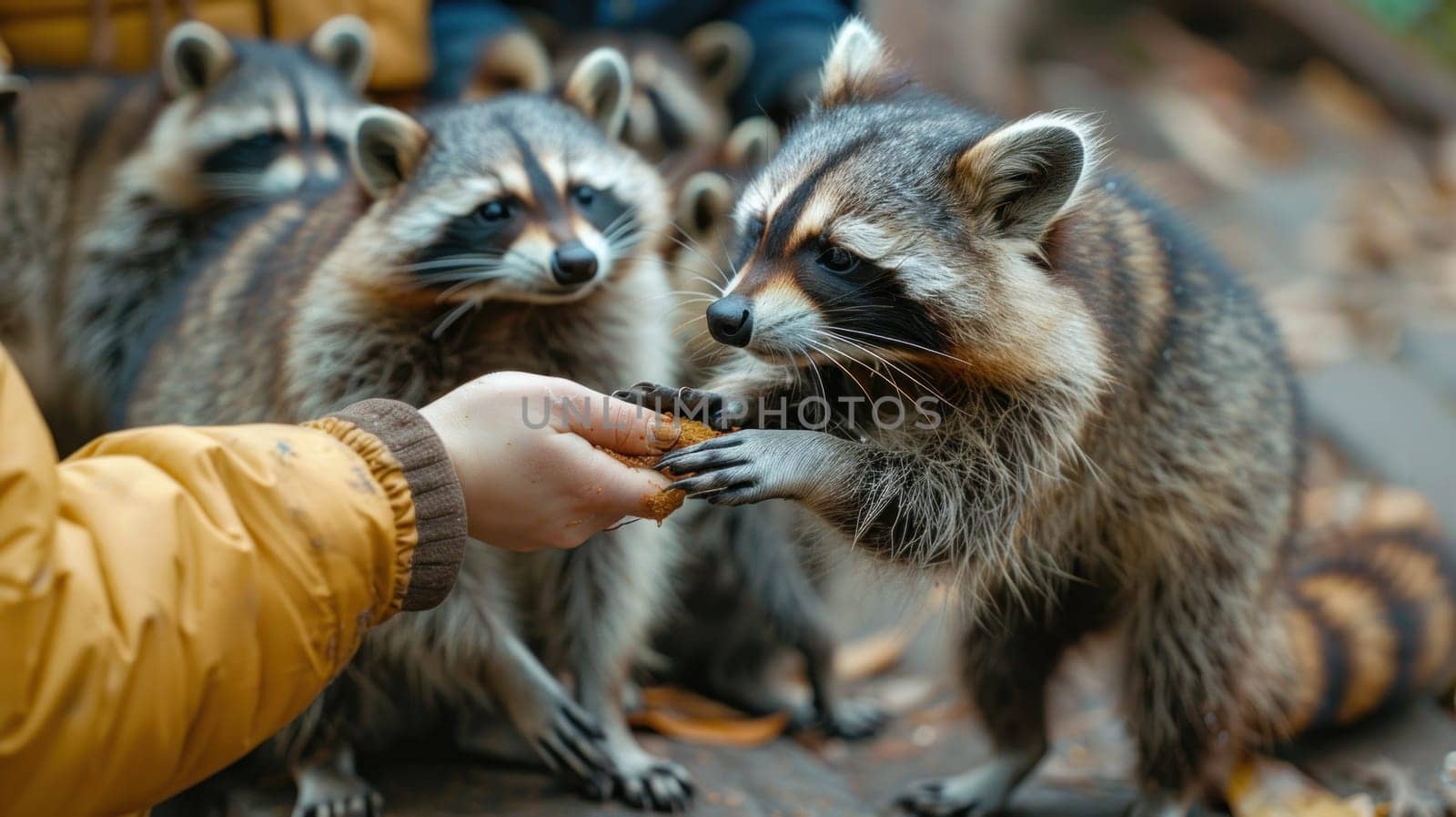 A man feeds a group of raccoons.