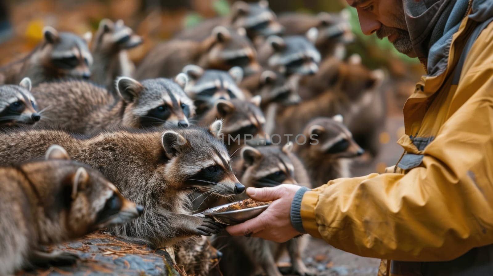 A man feeds a group of raccoons by golfmerrymaker