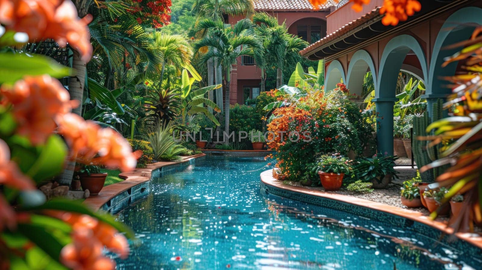 Luxury Resort Garden Filled with Exotic Flowers Concept Tranquil and Beautiful Setting for Perfect Summer Vacation.
