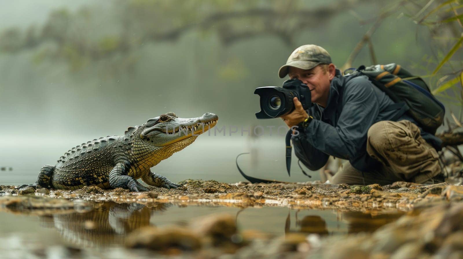 Man in Prone Position Holding Digital Camera Facing Viewer Focused on Young Crocodile at Lake Concept Misty Greenery and Wet Rock Terrain Background.