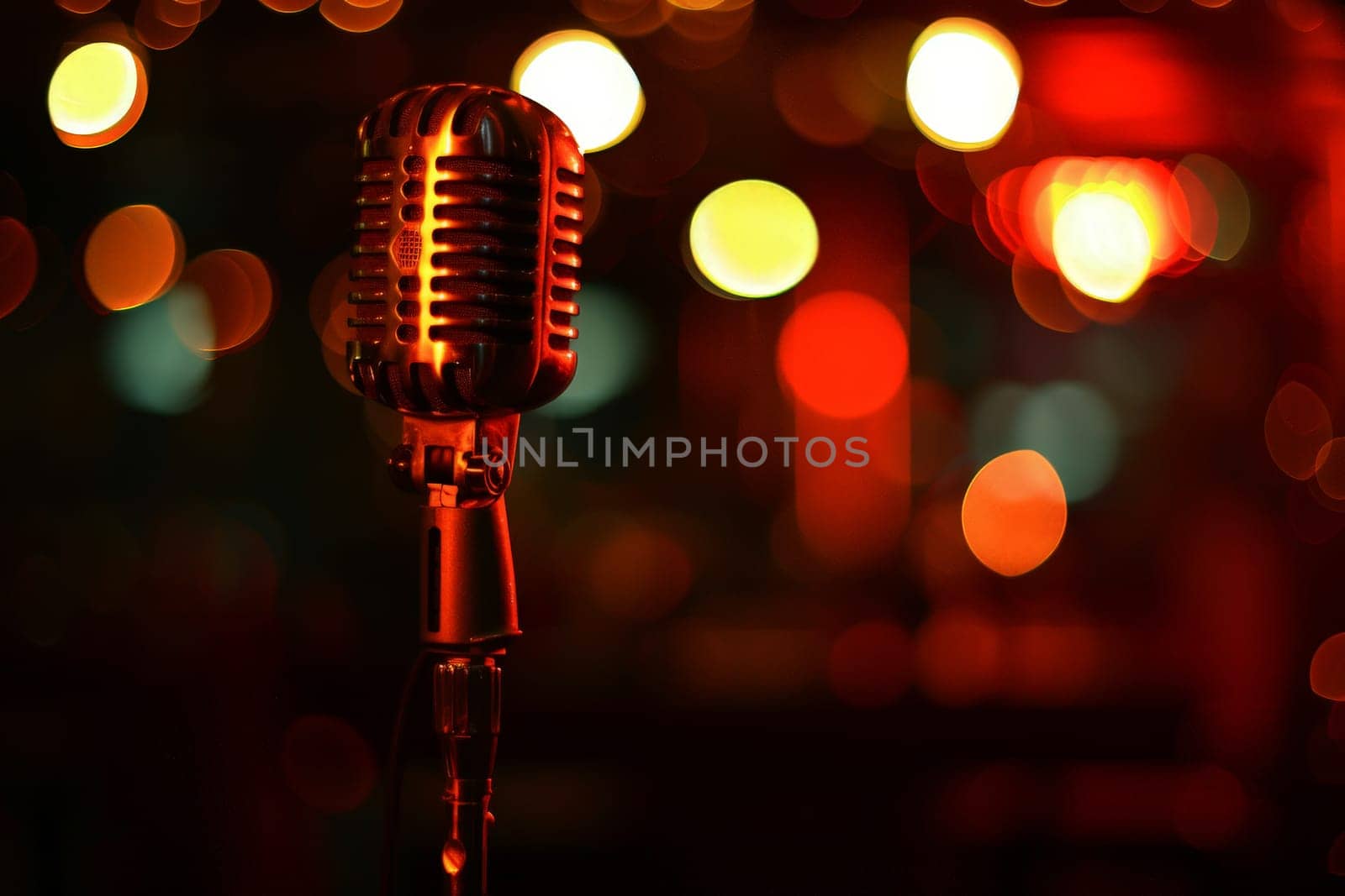 Microphone on stage with wooden bench blur light background.