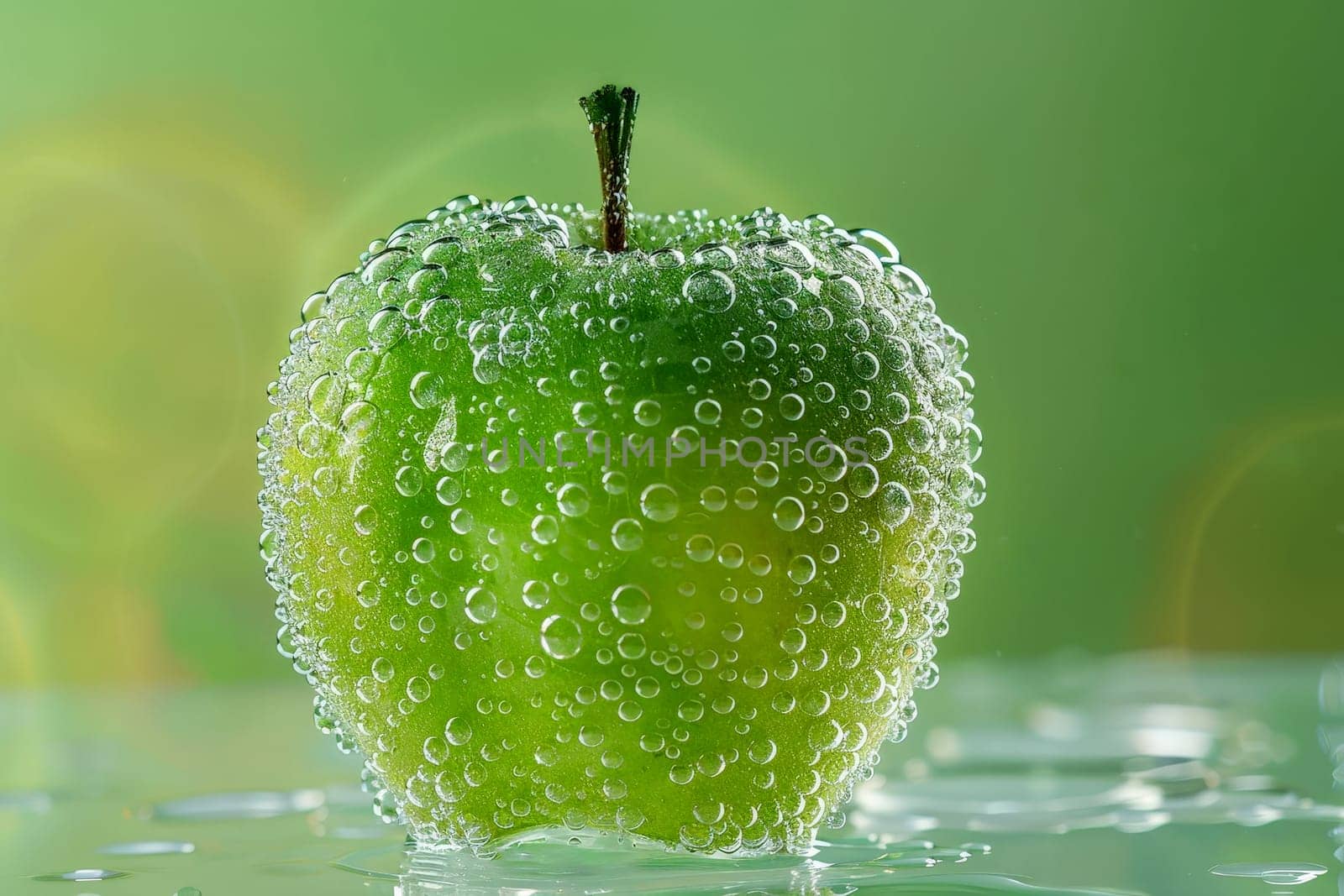 Green apple fruit on splashing water on pink background.