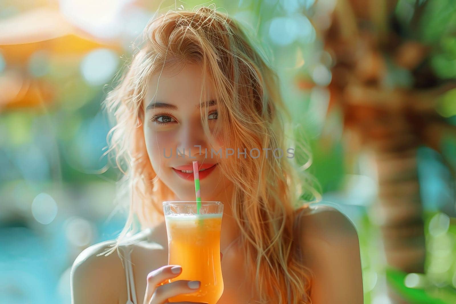 a beach with a blue sky, a stunning girl is shown holding an orange juice glass and staring at the camera, Generative AI..