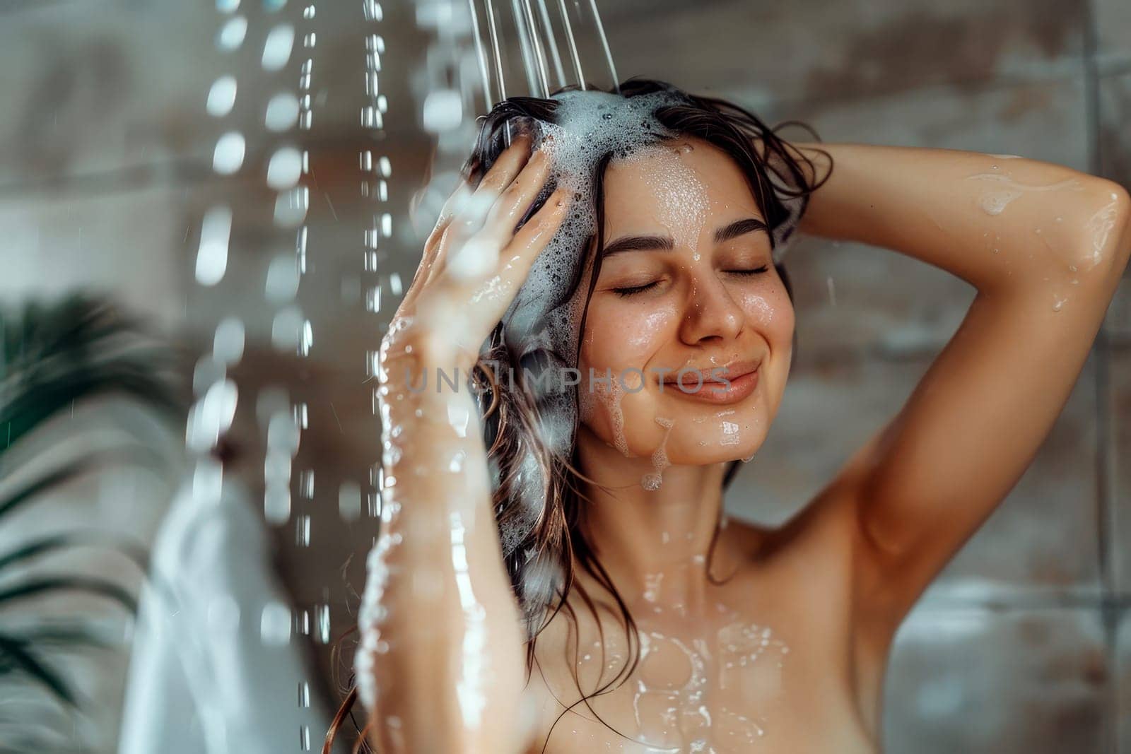 A Woman Washing Her Hair in the Shower.