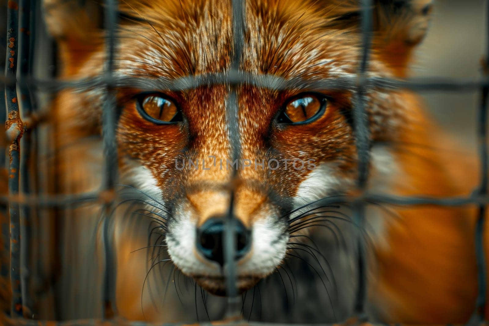 close up red fox caught in cages. . Generative AI.