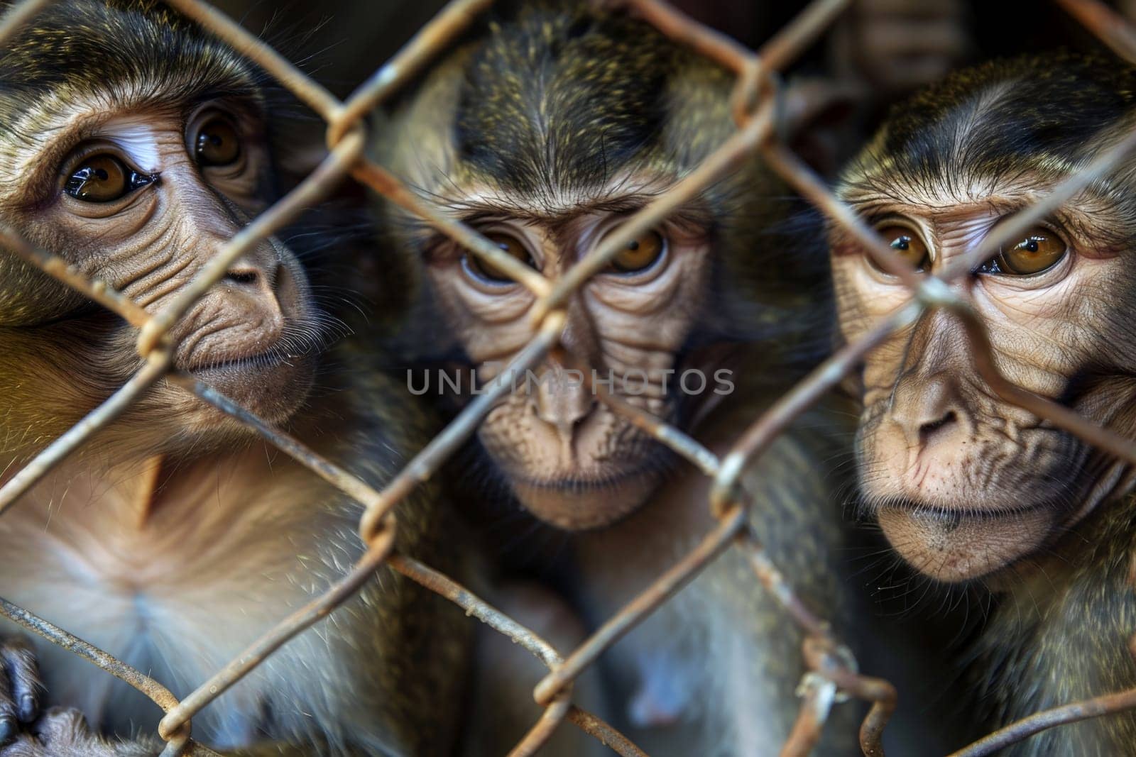 close up monkey caught in cages. . Generative AI.