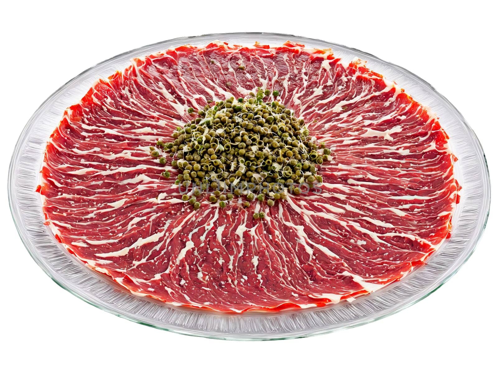 Carpaccio thin slices of beef with capers and Parmesan served on a transparent glass plate. Food isolated on transparent background.