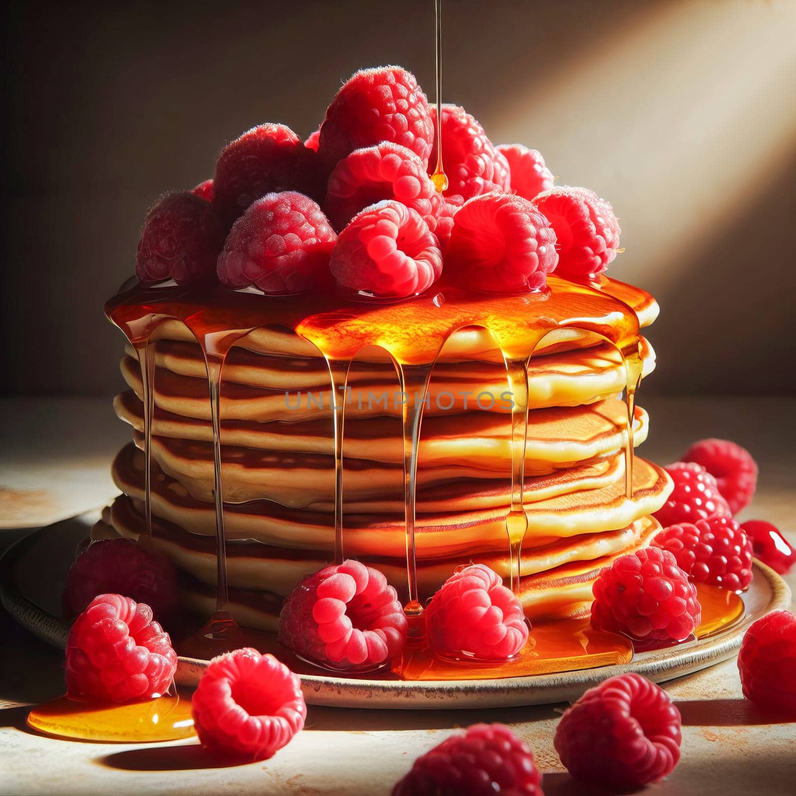 Pancakes with fresh raspberries and honey. AI generated.
